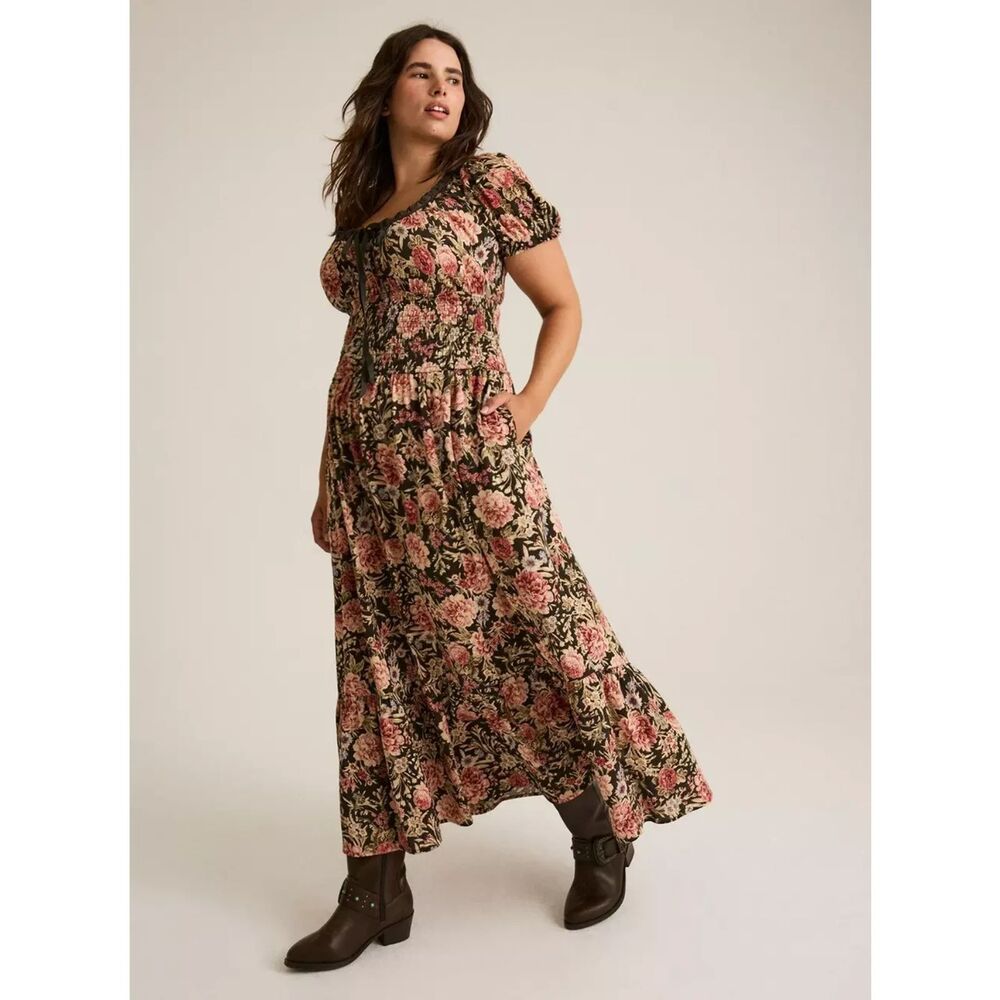 Torrid Festi Puff Sleeve Floral Maxi Dress Size 1X Cottagecore Milkmaid Boho